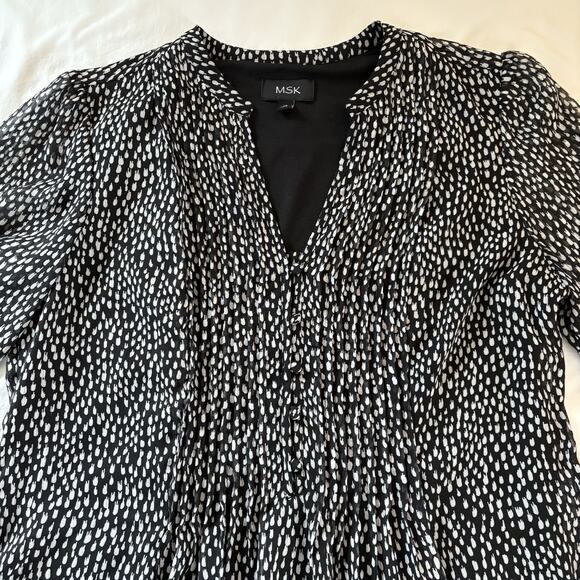 MSK Women's Black Printed Pintucked Split Neck Tie at Waist A-Line Dress Size 14 - Picture 8 of 16